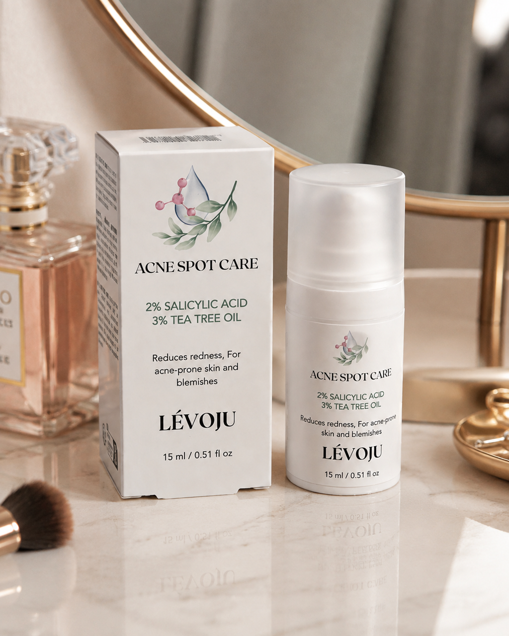 LÉVOJU Acne Spot Care product and featured ingredients