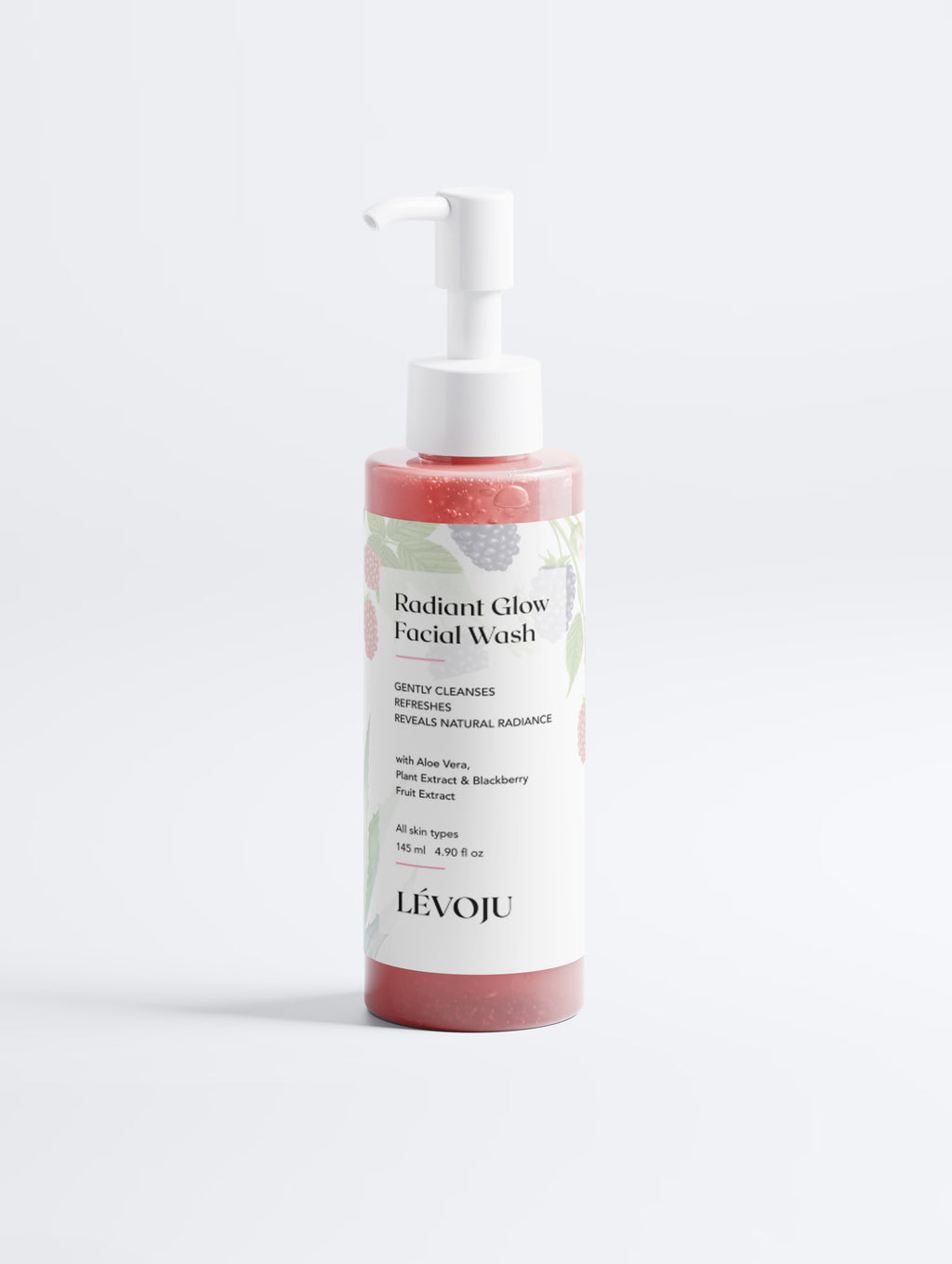 Front view of LÉVOJU Radiant Glow Facial Wash, 145 ml pump bottle on a light grey background