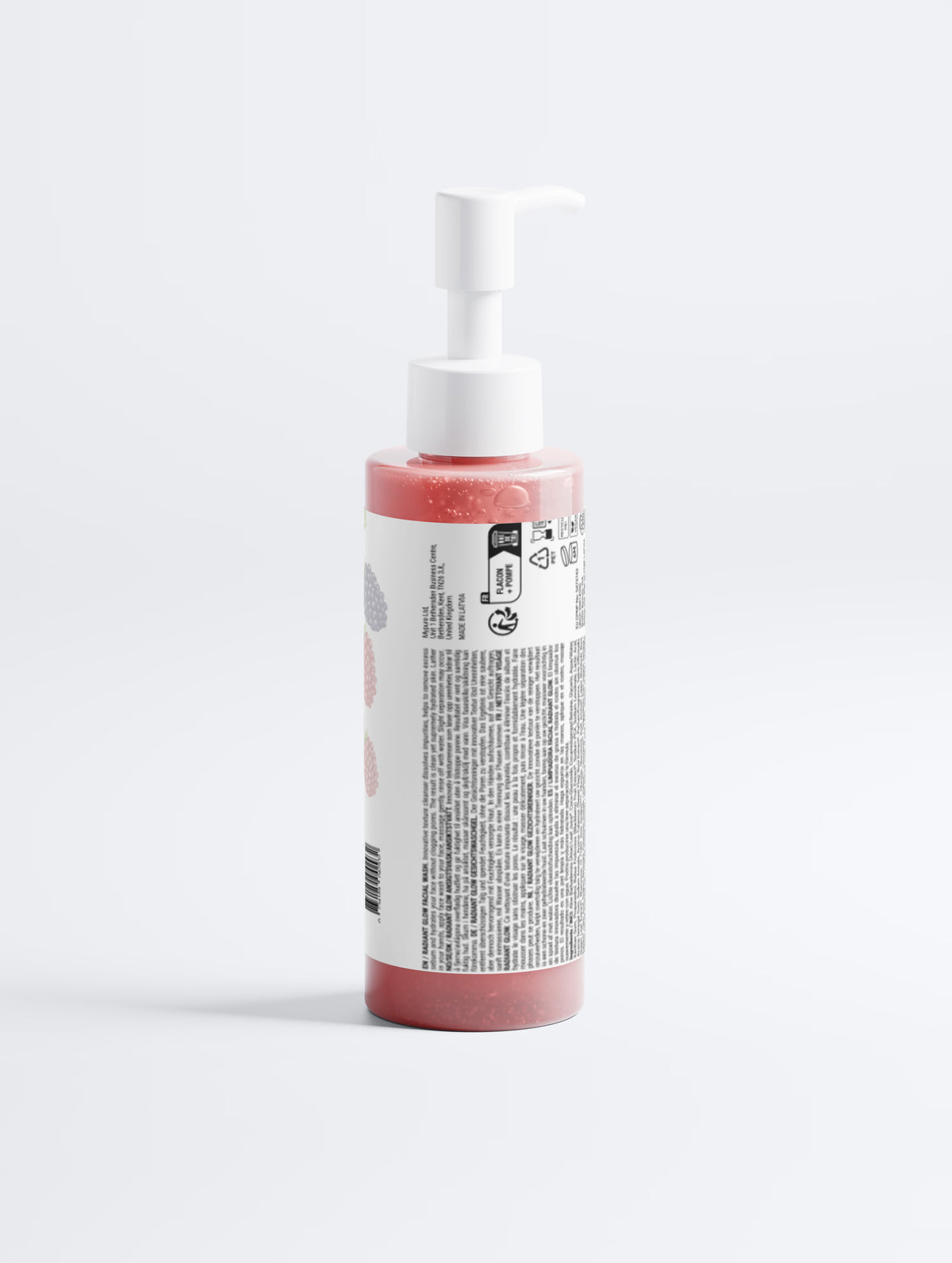 Back view of LÉVOJU Radiant Glow Facial Wash pump bottle showing the ingredients label